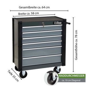 Grauer TRUTZHOLM Werkzeugwagen Trutzi mit 6 Schubladen und Rollen.