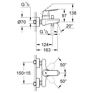 Technische Zeichnung der Grohe Eurosmart C Wannenarmatur mit Maßangaben für die Installation.