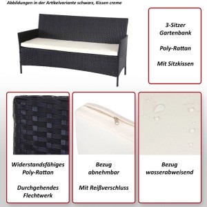 Schwarze 3-Sitzer Poly-Rattan Gartenbank mit cremefarbenem, wasserabweisendem Kissen und Reißverschluss.