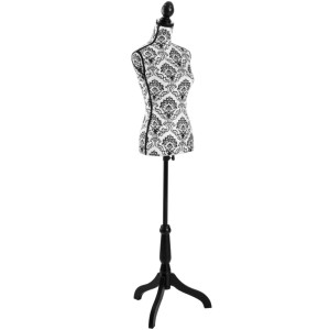 Weibliche Schneiderpuppe mit Blumenmuster in Schwarz und Weiß, höhenverstellbar.