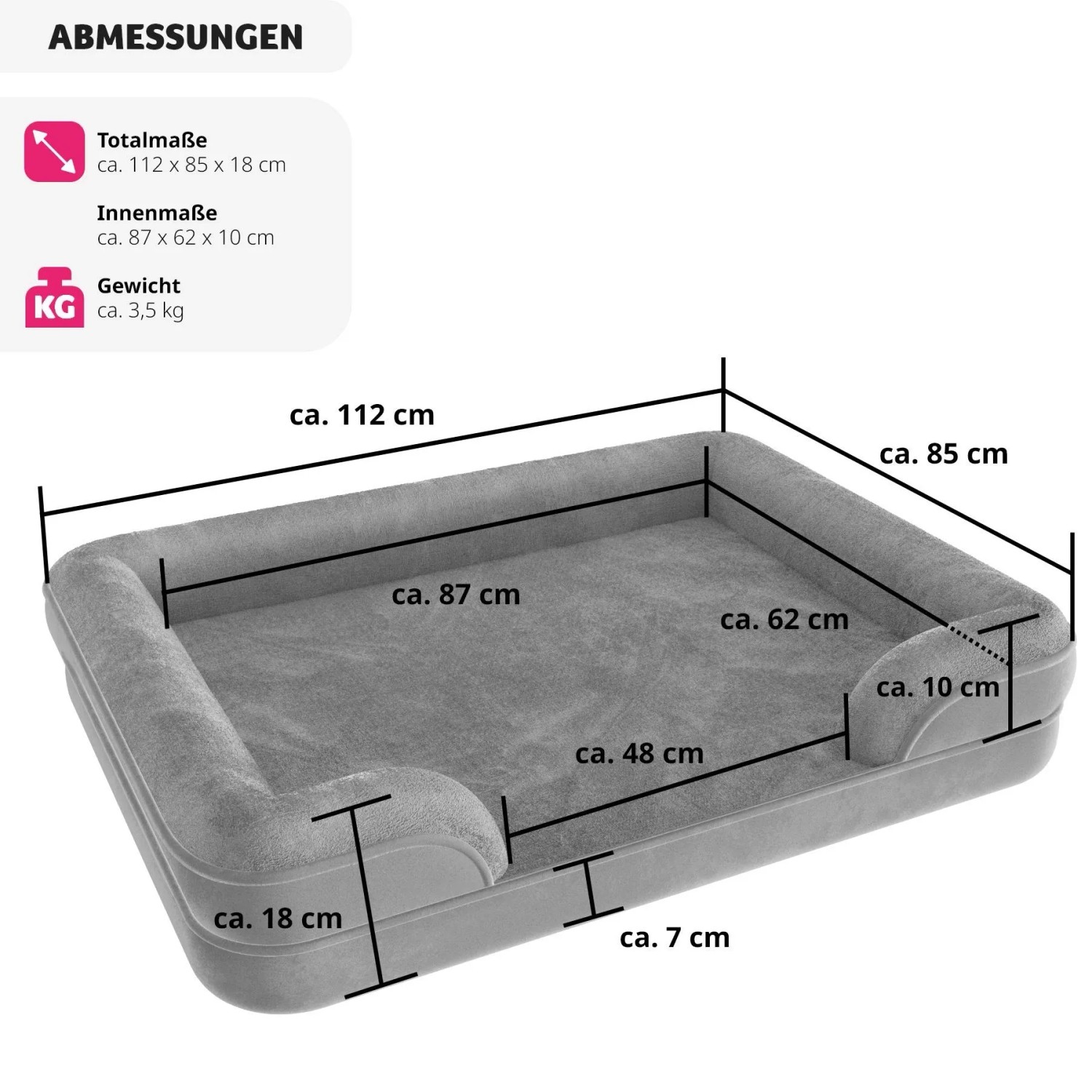 Graues Tectake Hundebett Kimba XL mit erhöhtem Rand und Maßangaben.