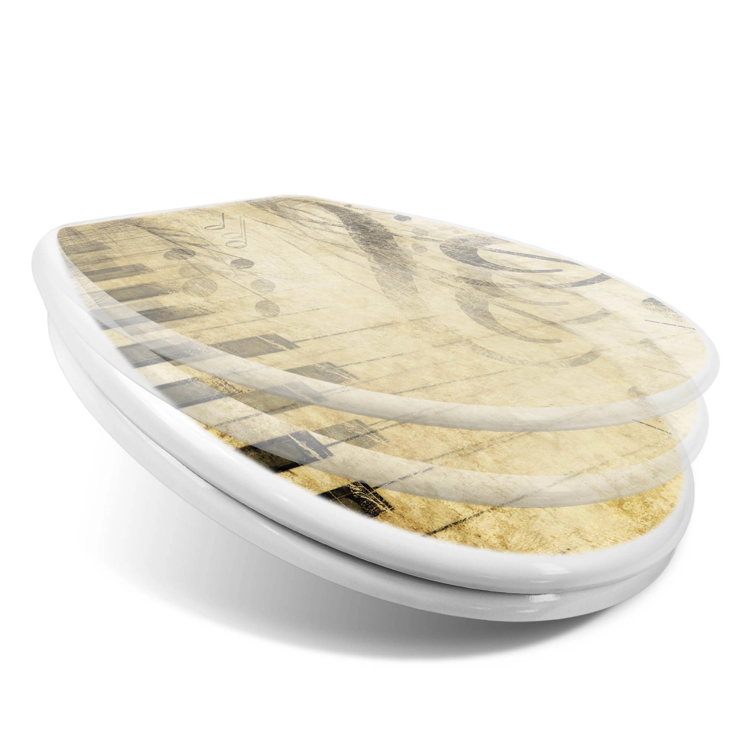 Weißer WC-Sitz mit Absenkautomatik und Noten-Motiv für Standard-WCs.