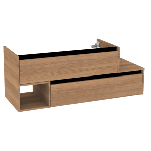 Fackelmann Waschbeckenunterschrank Vita in Oak/Schwarz mit zwei Schubladen und offenem Fach.