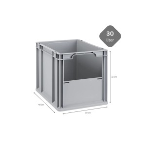 Graue PROREGAL Eurobox 30L mit offener Front, 32x30x40cm, ideal zur Aufbewahrung.