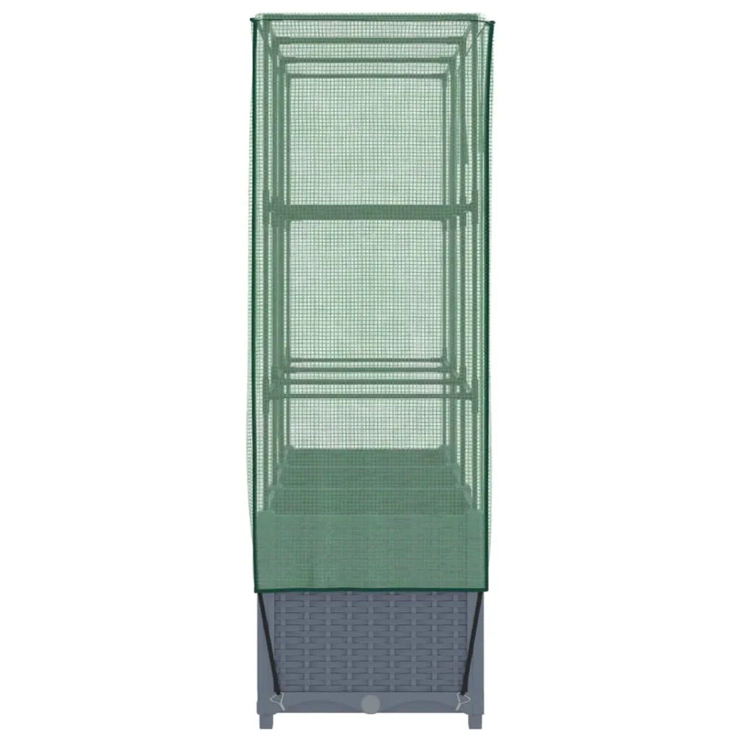 Dunkelgraues vidaXL Hochbeet mit Gewächshaus-Aufsatz und Rattan-Optik.