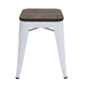 Weißer PROREGAL Sitzhocker mit dunkelbrauner Ulmenholz-Sitzfläche. Stapelbarer Metallhocker im Industrial-Design.