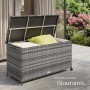 Geöffnete Tectake Auflagenbox Kuusamo (253 L) aus Polyrattan mit Rollen und Kissen.