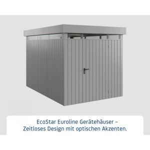 Graues EcoStar Gerätehaus Euroline mit Flachdach und Lichtband.
