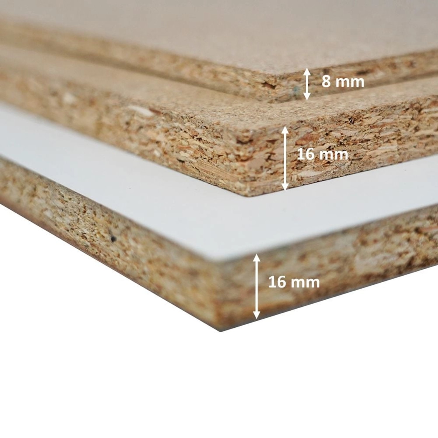 Detailaufnahme: Spanplatten für PROREGAL Schwerlastregal, Stärke 8 mm und 16 mm.