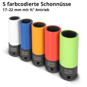 STAHLWERK KFZ Stecknüsse Set, 5 farbige Radmutternschlüssel (17-22mm) für Alufelgen.