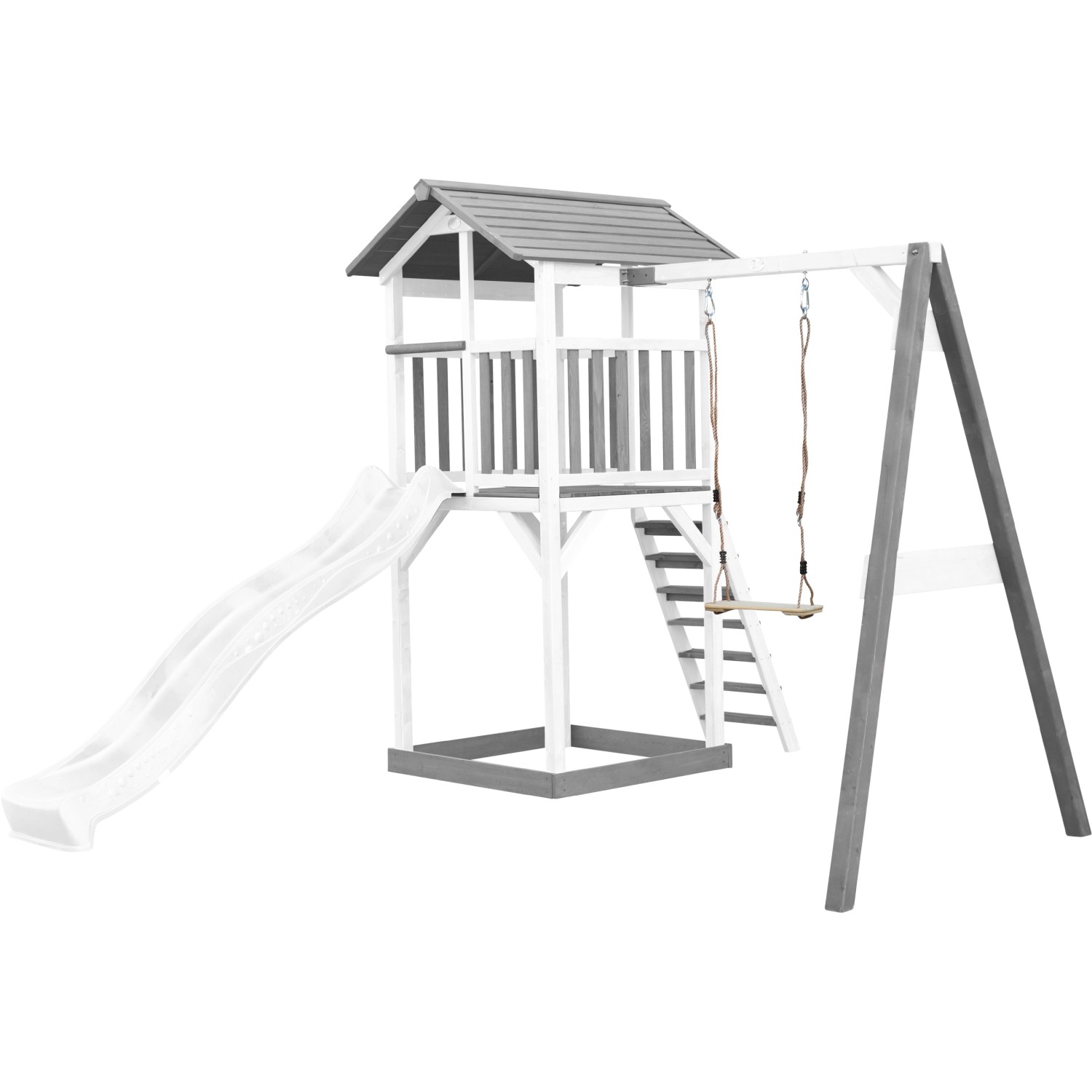 Axi Beach Tower Spielturm mit Schaukel und weißer Rutsche, grau-weißes Holz.