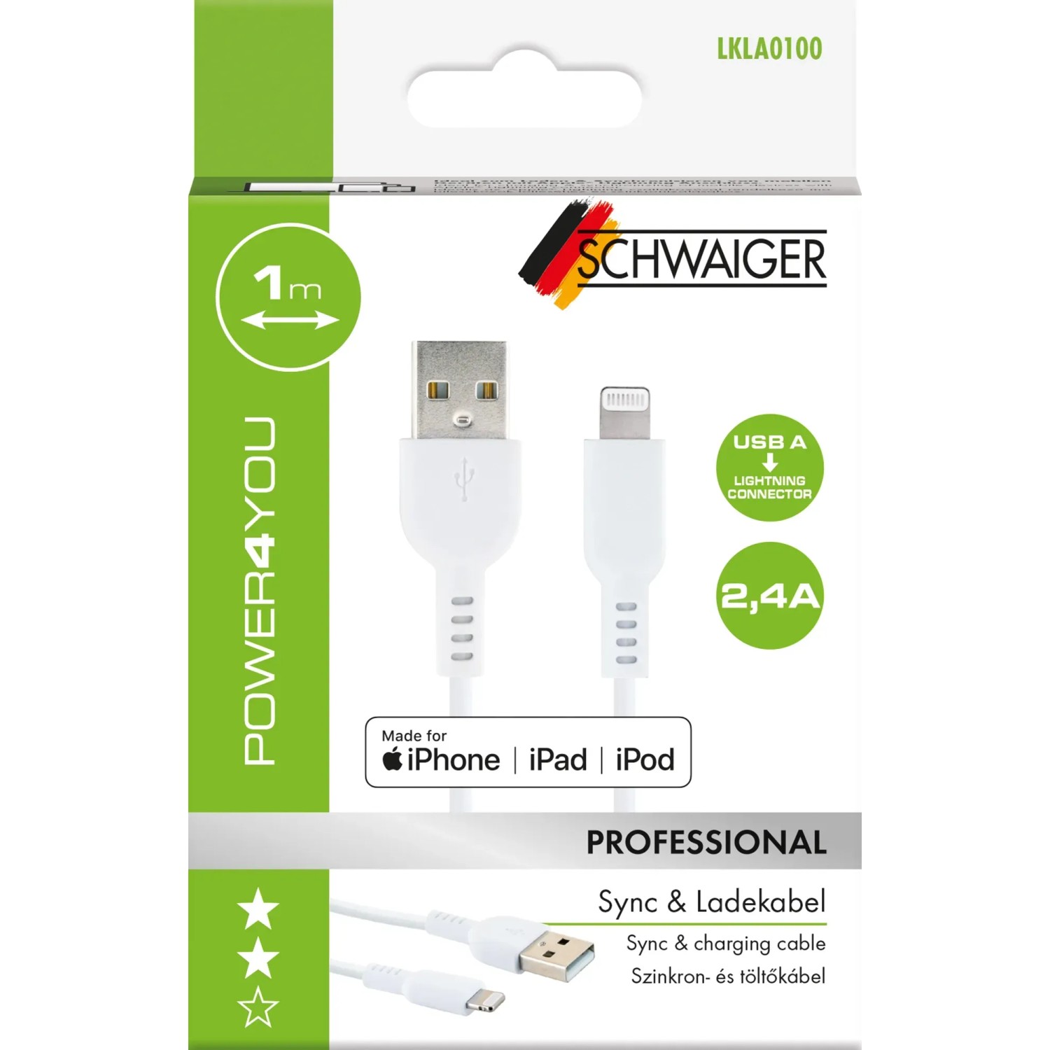 Schwaiger USB-A auf Lightning Kabel, weiß, zum Laden und Synchronisieren von Apple Geräten.
