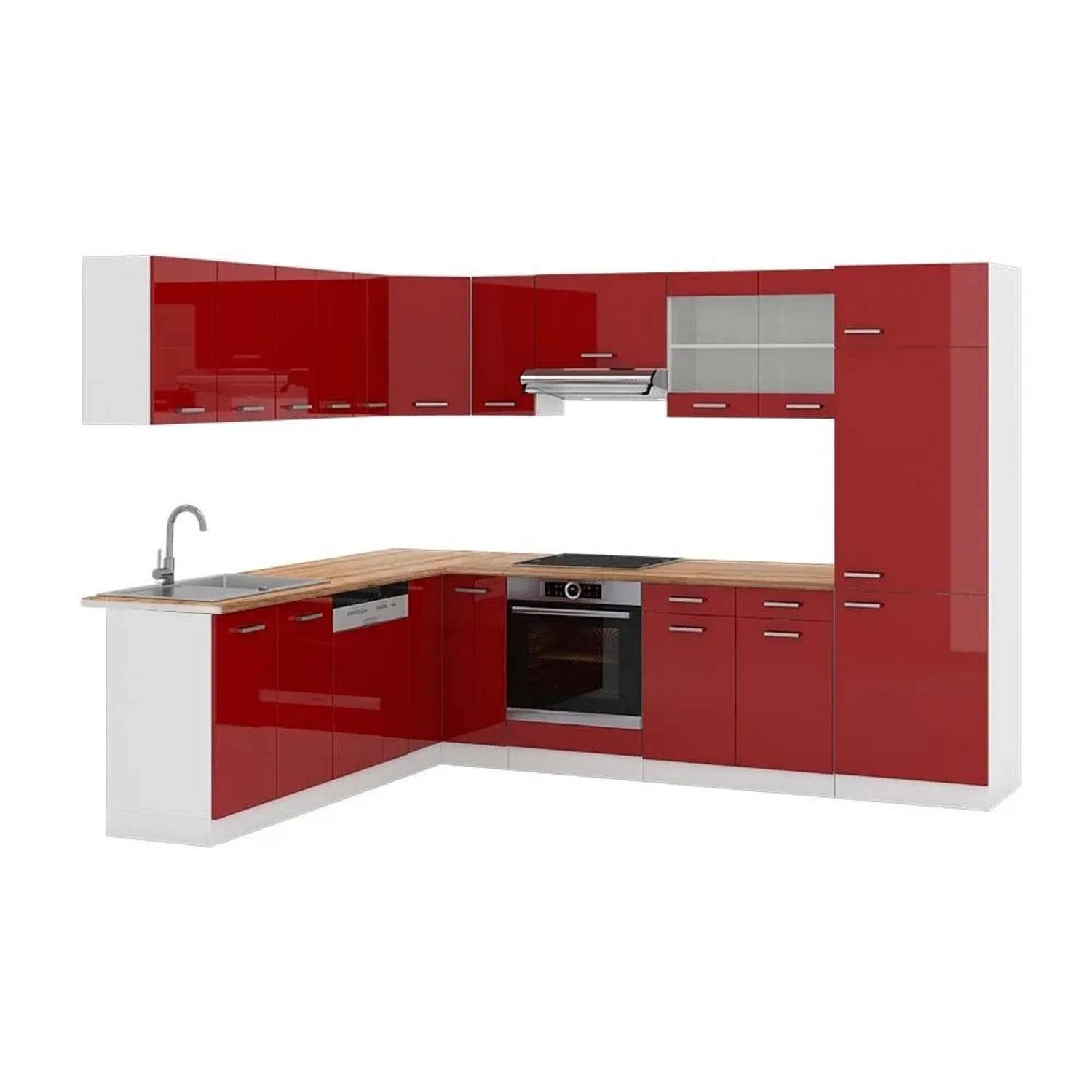 Vicco Eckküche R-Line Rot Hochglanz/Weiß 287 x 82, AP Eiche