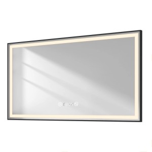 Emke Badspiegel 120x70 mit LED-Beleuchtung, schwarzer Rahmen, Touch, Antibeschlag, Uhr und Temperaturanzeige.