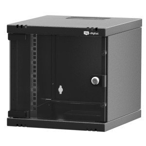 Schwarzer 10 Zoll hb-digital Serverschrank, 6HE Wandgehäuse mit abschließbarer Glastür.