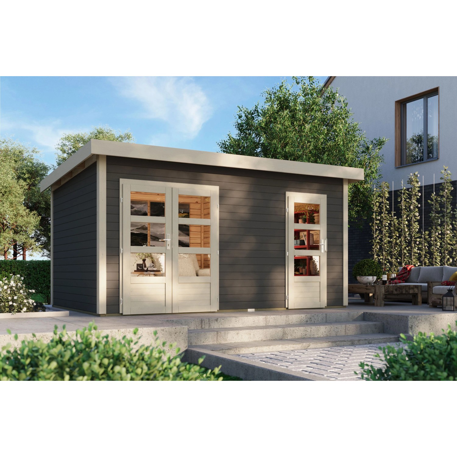 Karibu Holz-Gartenhaus Glostrup Terragrau Flachdach Lackiert 420 cm x 270 c günstig online kaufen