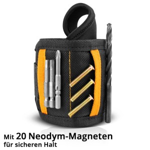 STAHLWERK Magnet-Armband, schwarz-orange, hält Schrauben, Bits und Bohrer. 20 Neodym-Magnete für Handwerker. Klettverschluss.
