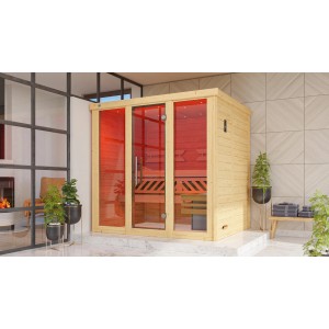 Weka Massivholzsauna Kemi Panorama mit Glastür und Fenster, 7,5 kW BioS Ofen im Sparset.