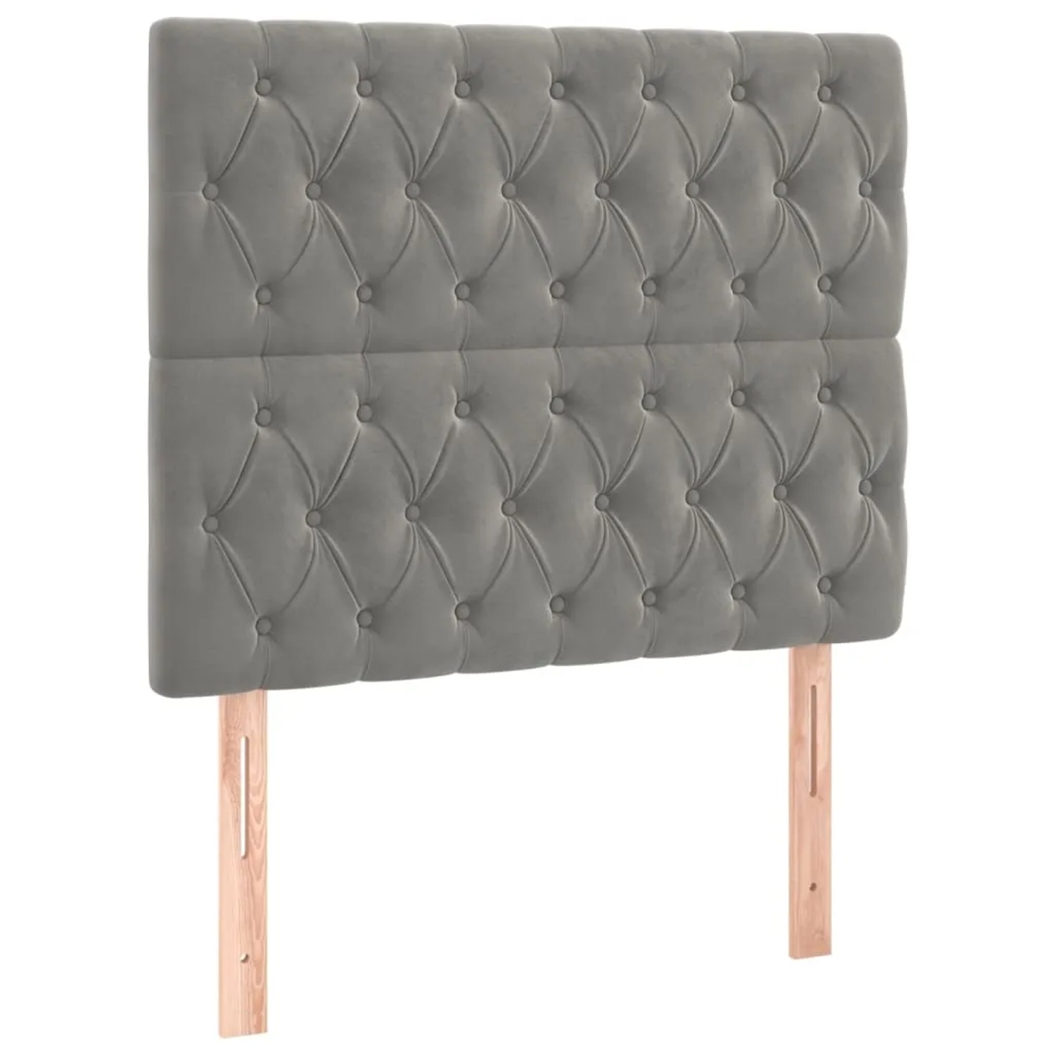 Hellgraues Boxspringbett Kopfteil aus Samt mit Knopfheftung, 90x200 cm.