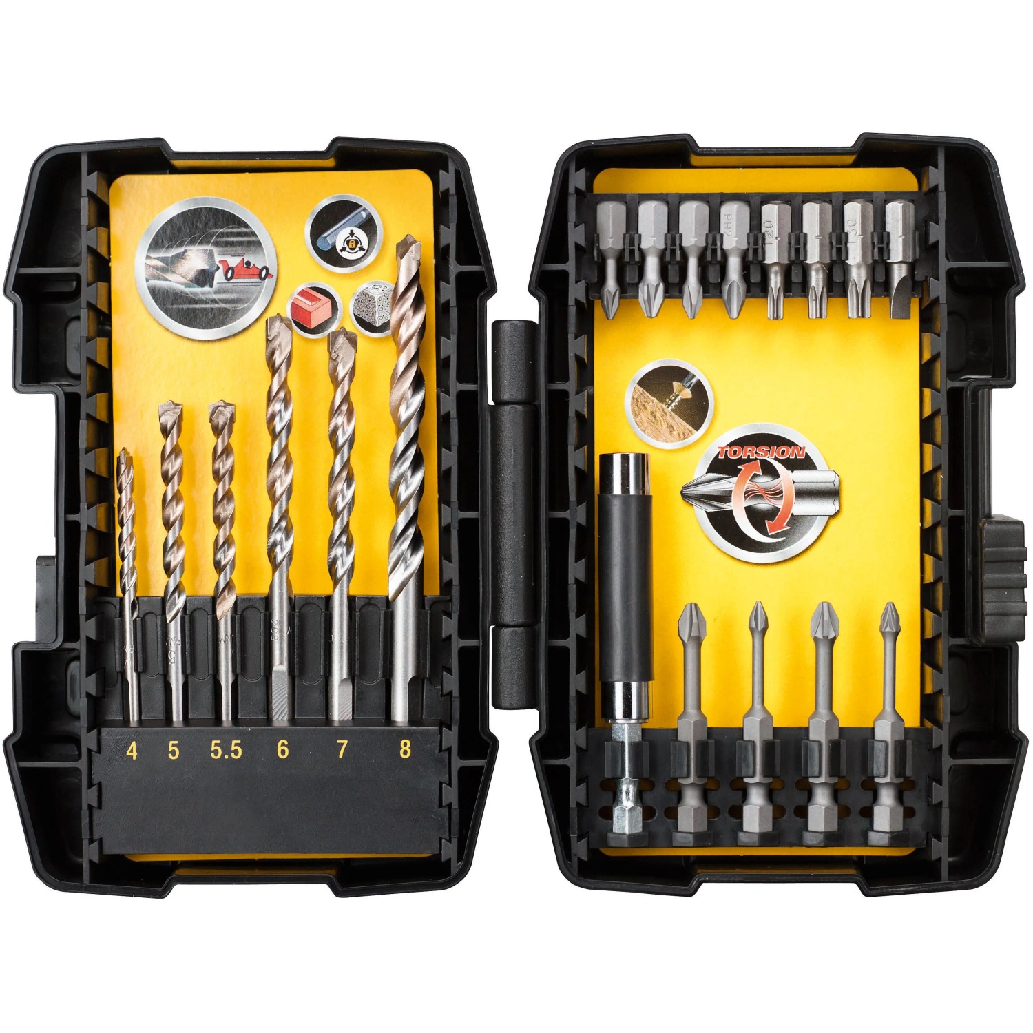 Stanley Betonbohrer- und Schrauberbit-Set, 19-teilig in gelb-schwarzer Minisafe-Box.