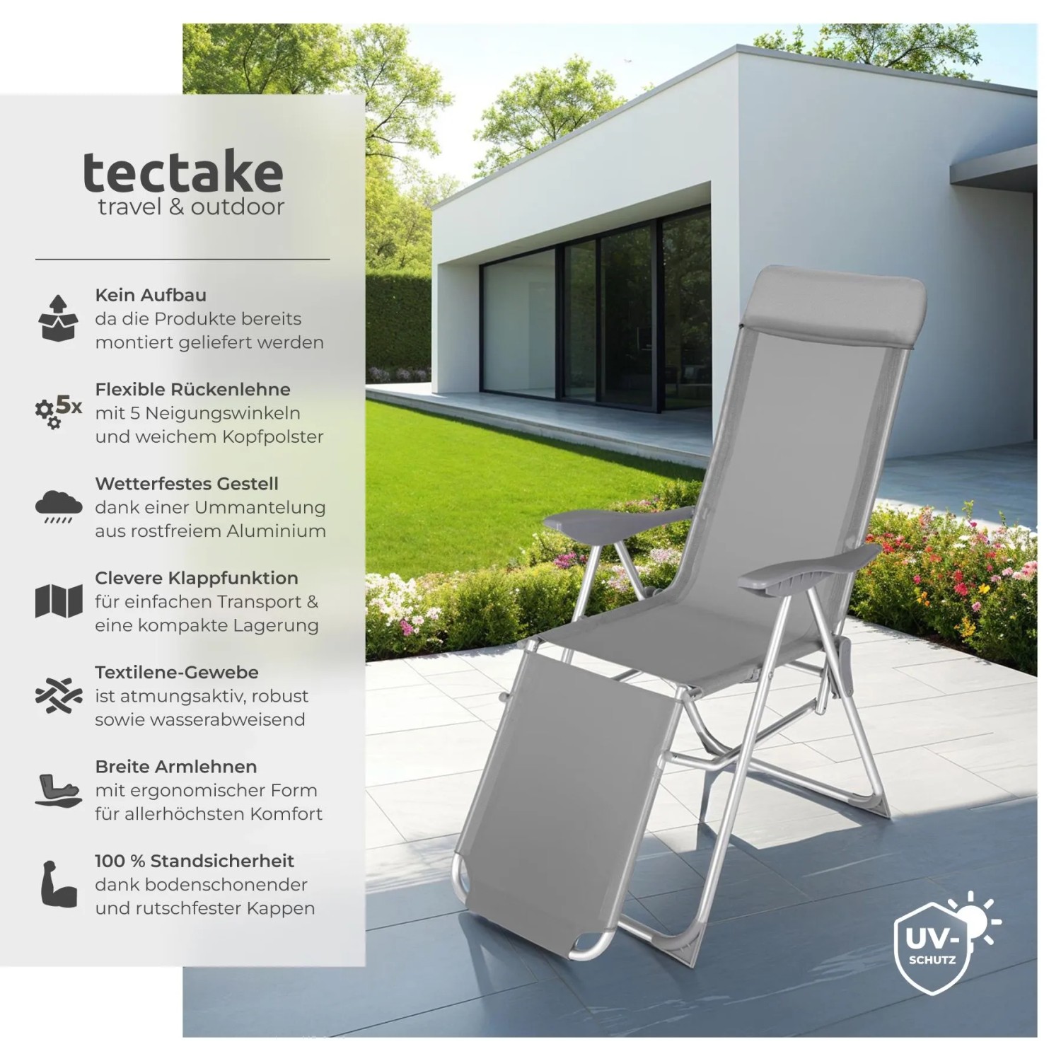 Grauer Tectake Aluminium Gartenstuhl, klappbar, verstellbare Rückenlehne, Kopfpolster, wetterfest.
