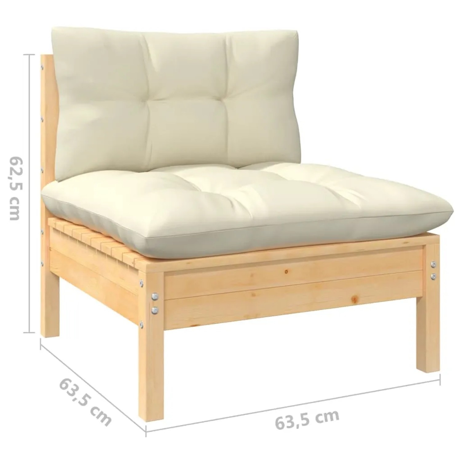 Modulares Gartenmöbel-Element aus Kiefernholz mit cremefarbenen Kissen, Teil eines Lounge-Sets.