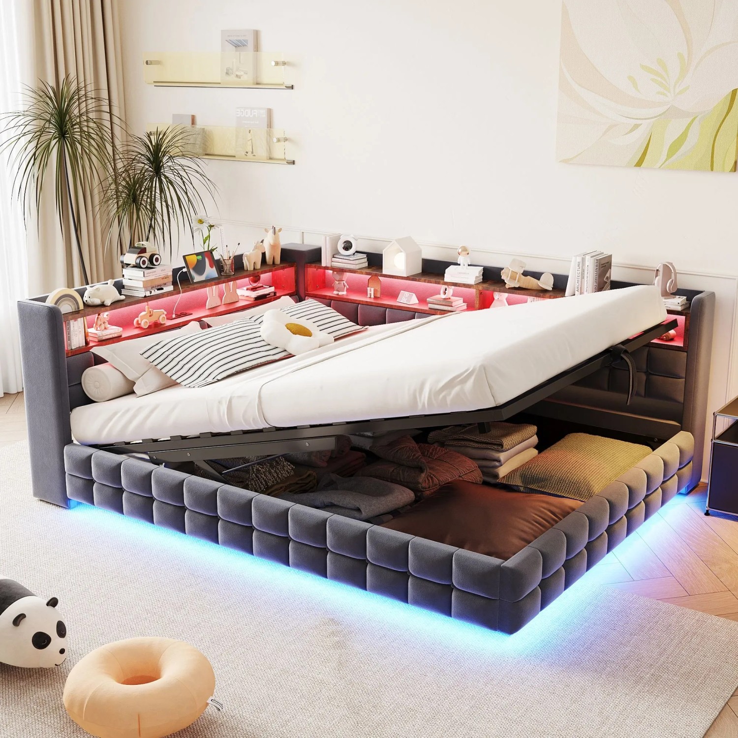 Merax Schlafsofa 140x200cm Hydraulik Stauraum LED USB Dunkelgrau