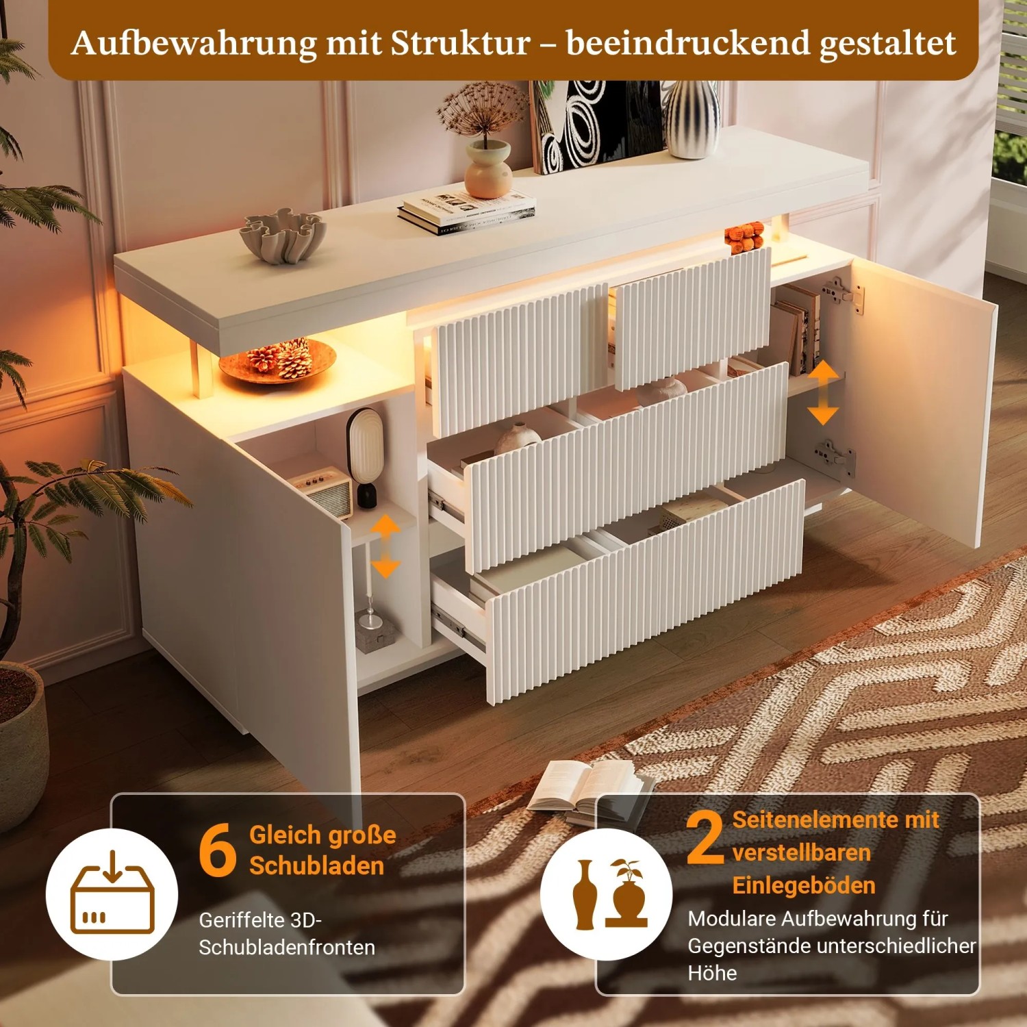 Merax Sideboard weiß, 150 cm, mit LED-Beleuchtung, 6 geriffelten Schubladen und verstellbaren Fächern.