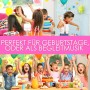 Fröhliche Kinder feiern Geburtstag mit Musik. Der tragbare CD-Player/Radio ist ideal für Partys.