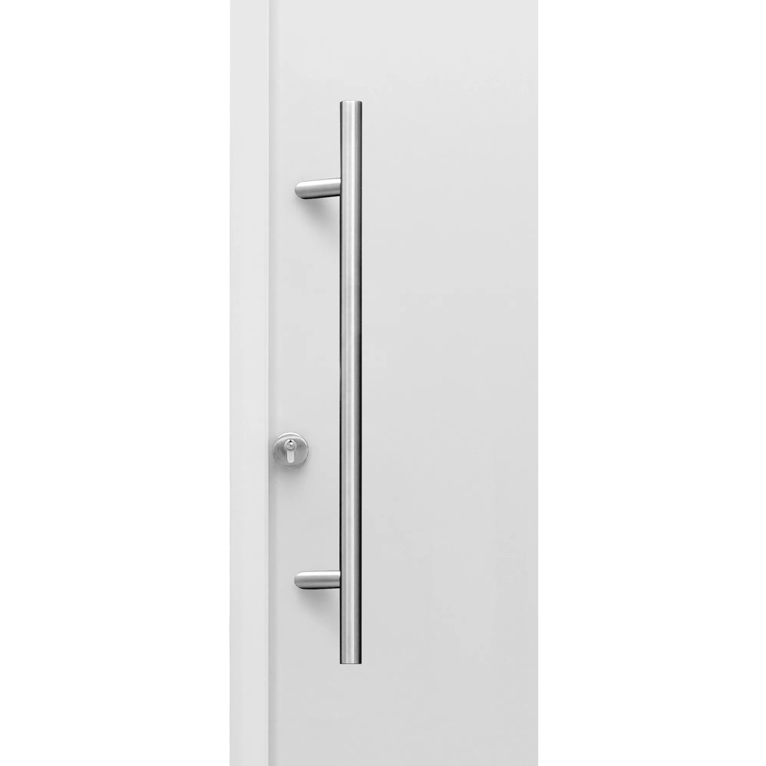 Weiße Splendoor Haustür Berlin Prime mit Edelstahlgriff und Schloss.