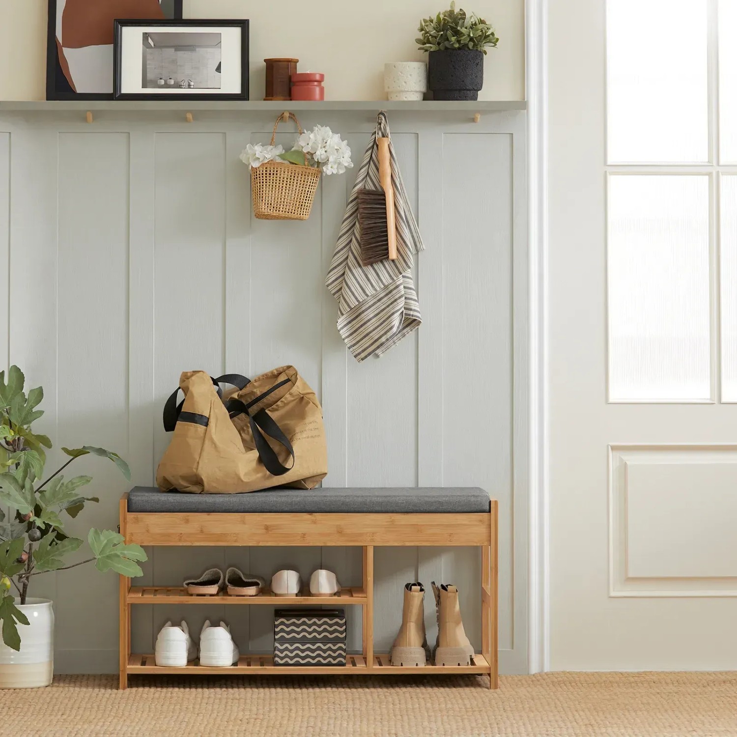 SoBuy Schuhbank mit Sitzfläche und Schubladen Sitzbank Natur Bambus FSR47-N_3
