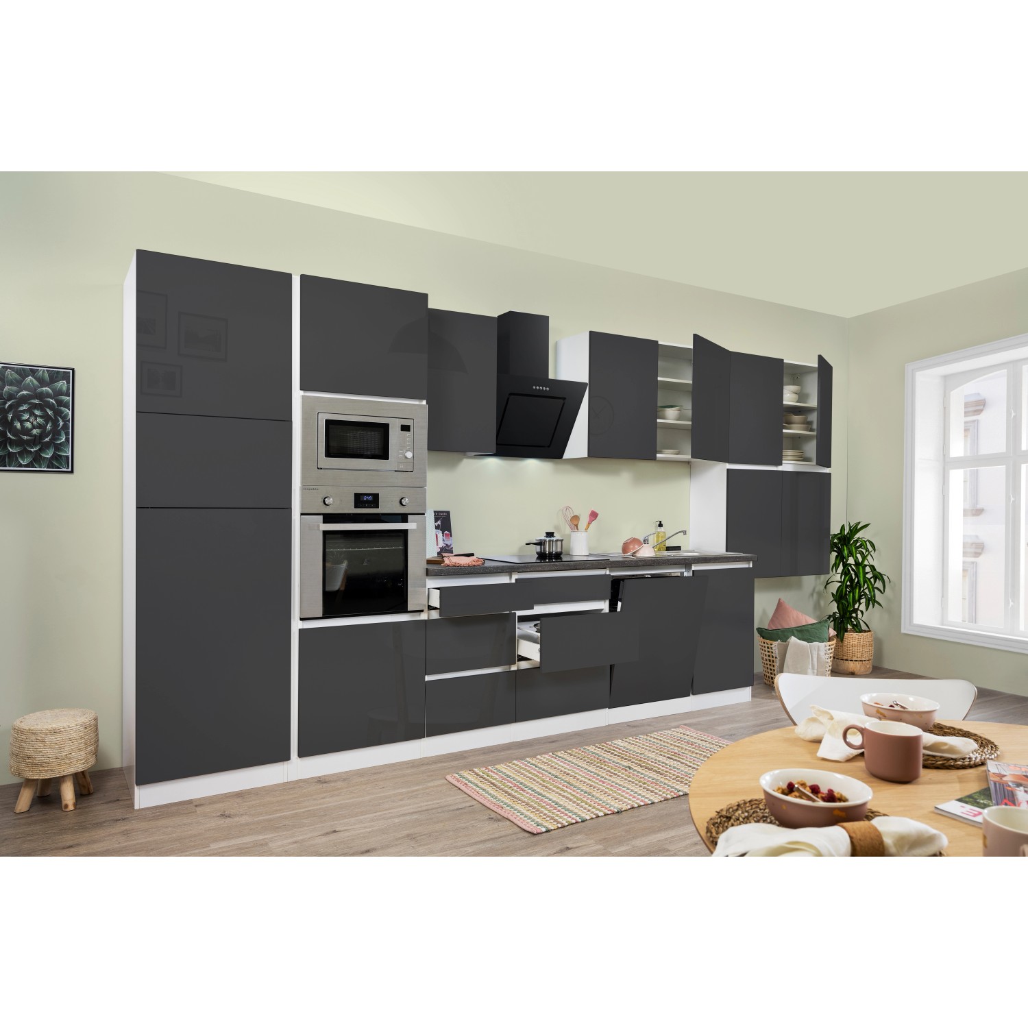 Respekta Premium Küchenzeile/Küchenblock Grifflos 445 cm Grau Hochglanz-Weiß