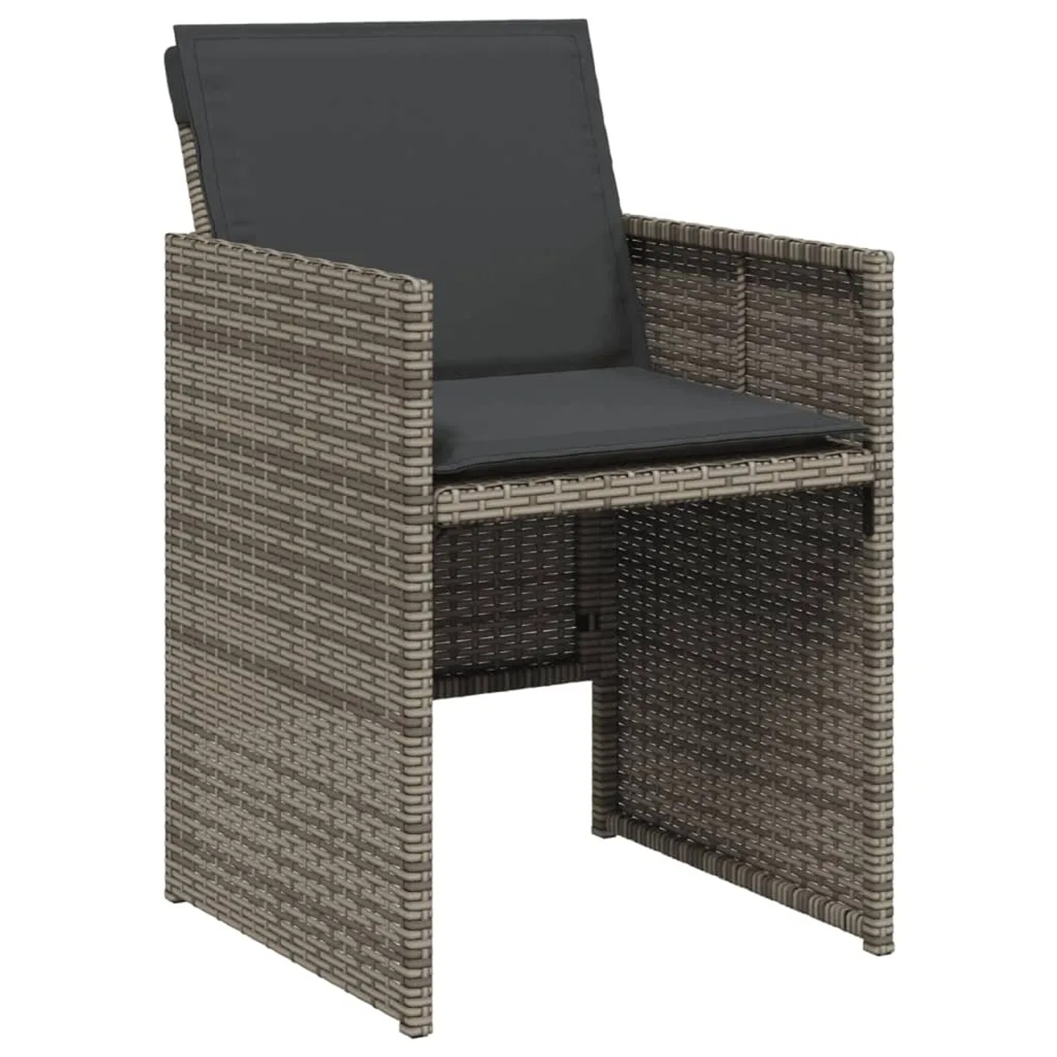 Gartenstuhl aus grauem Poly Rattan mit dunklen Kissen, Teil der vidaXL 15-tlg Essgruppe.