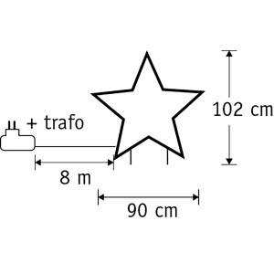 Abbildung des Luca Lighting Gartensteckers Stern mit 225 LEDs, Classic Weiß, mit Maßangaben.