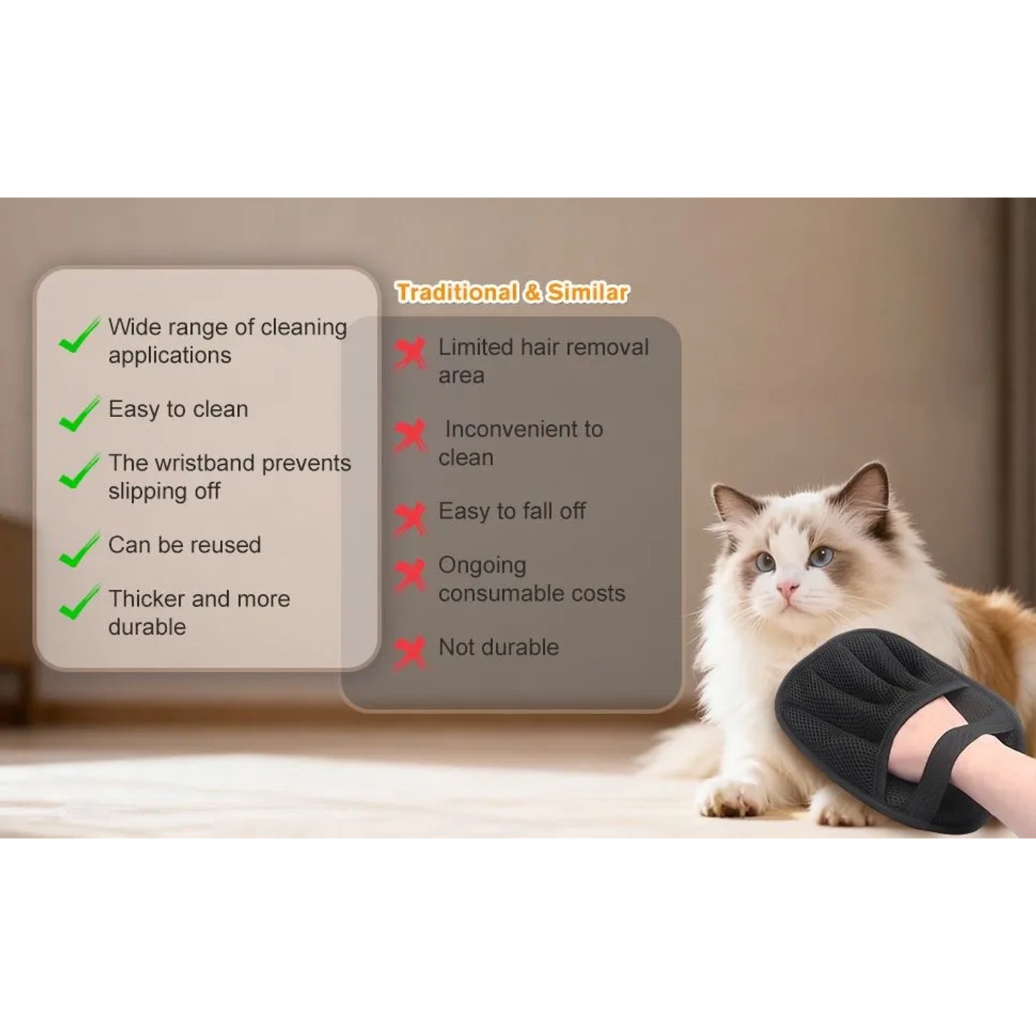 Petsation Fellentferner Handschuh mit Katze im Hintergrund für Tierhaarentfernung.