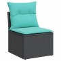 Schwarzes Gartensofa aus Rattan mit türkisfarbenen Kissen, Teil der vidaXL 5-tlg. Sofagarnitur.