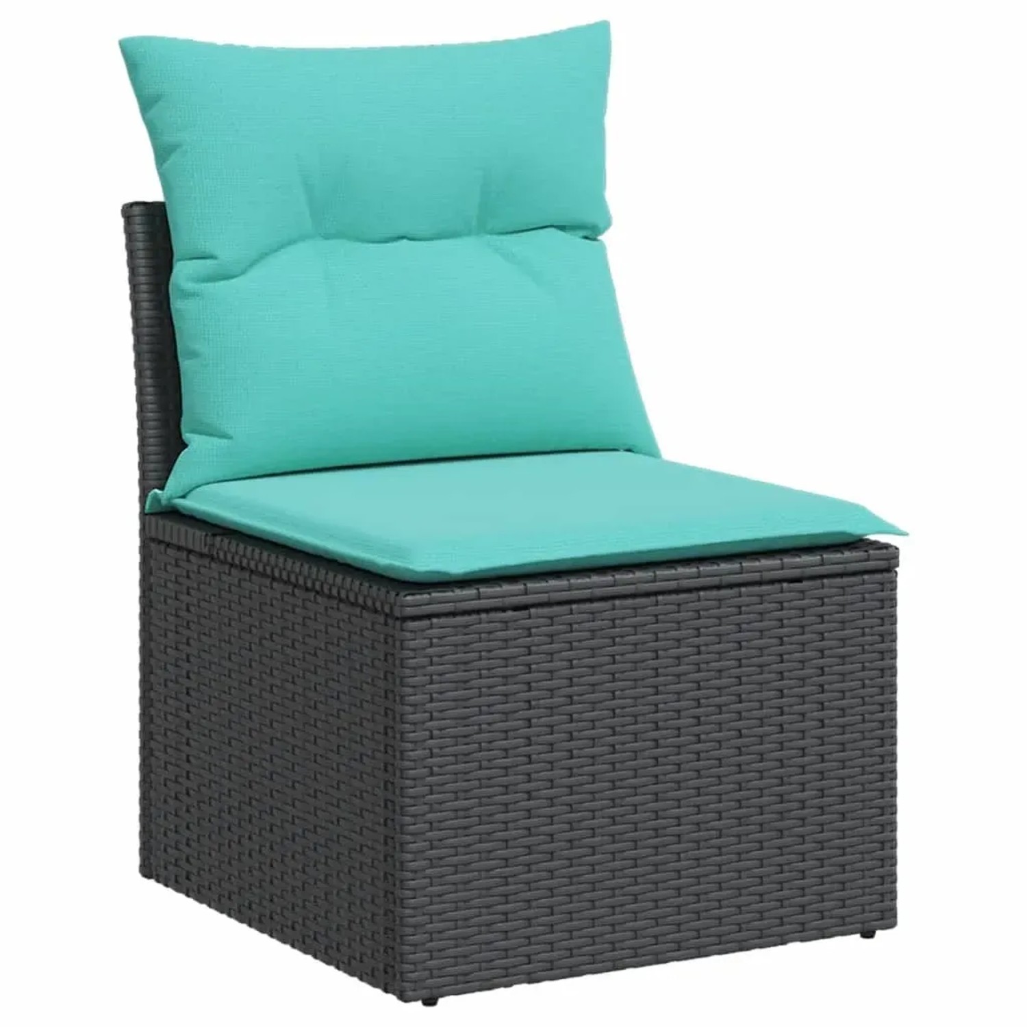 Schwarzes Gartensofa aus Rattan mit türkisfarbenen Kissen, Teil der vidaXL 5-tlg. Sofagarnitur.