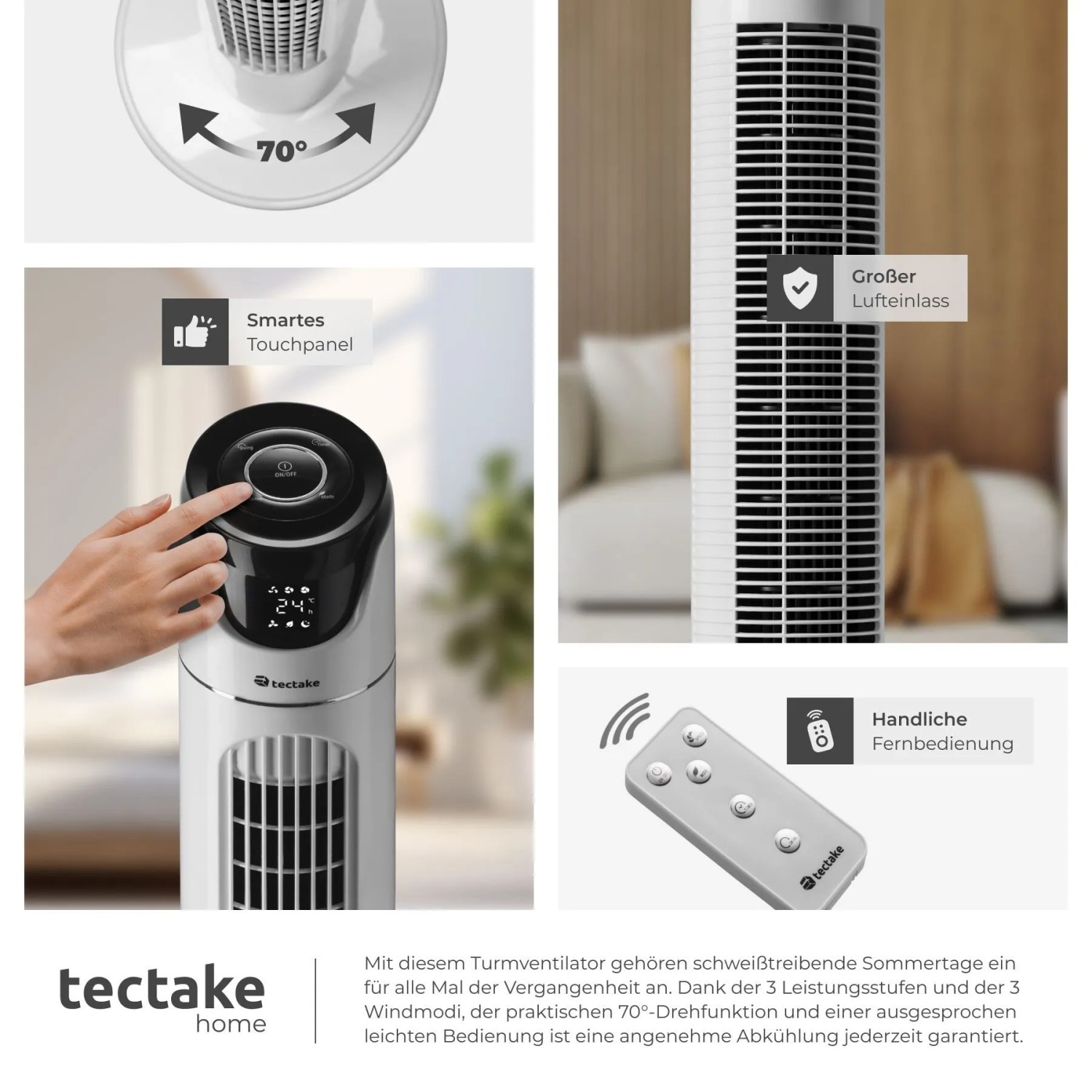 Tectake Turmventilator  Oszillierend 3 Modi und 3 Geschwindigkeitsstufen  31 x 31 x 110 cm Weiß_7