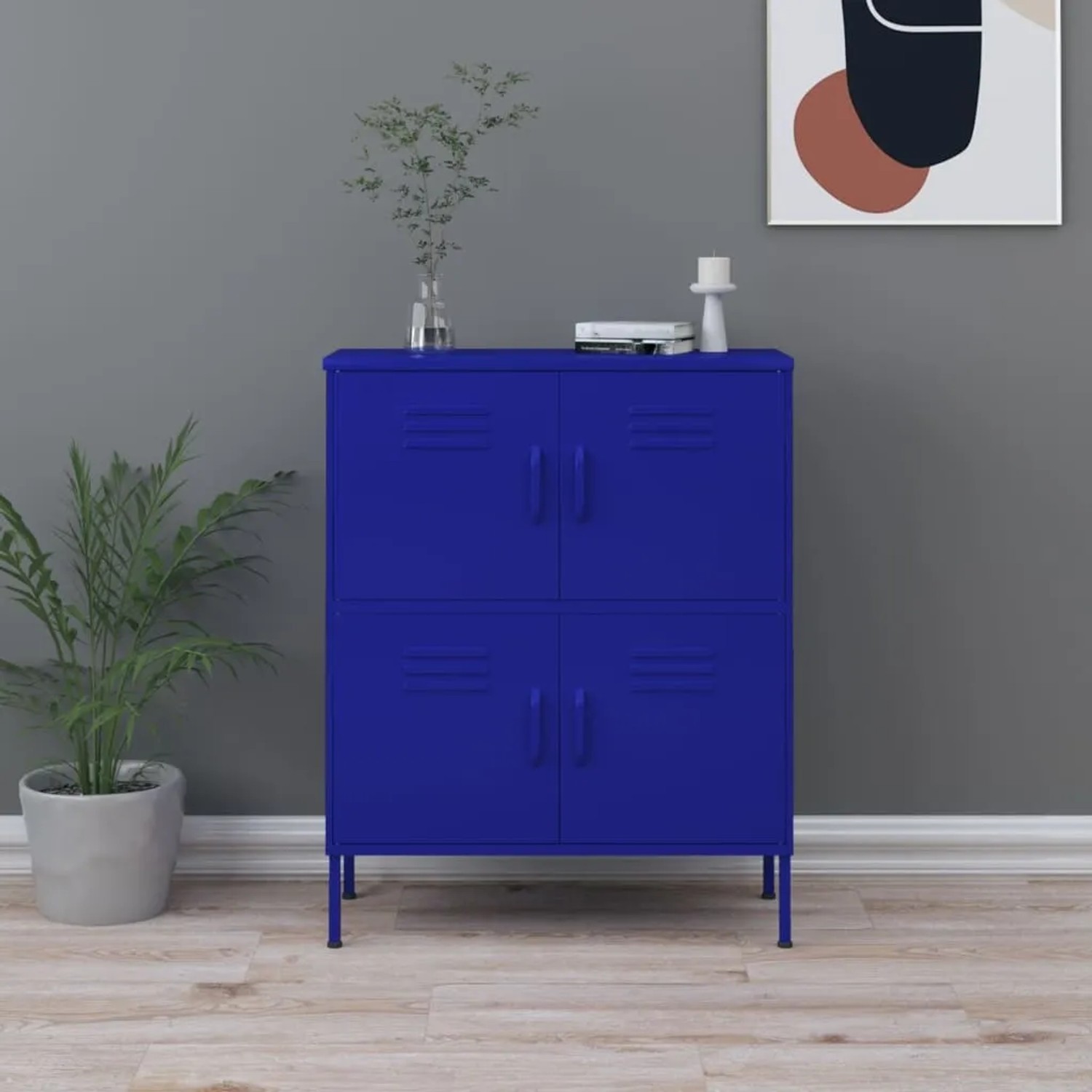 Marineblauer Stahlschrank (80x35x101,5 cm) mit 4 Türen und 2 Regalfächern. Ideal als Büroschrank.