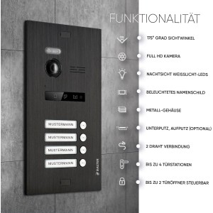 Balter EVO Video-Türsprechanlage für 4-Familienhaus, Türstation in Schwarz mit 4 Klingeltastern.