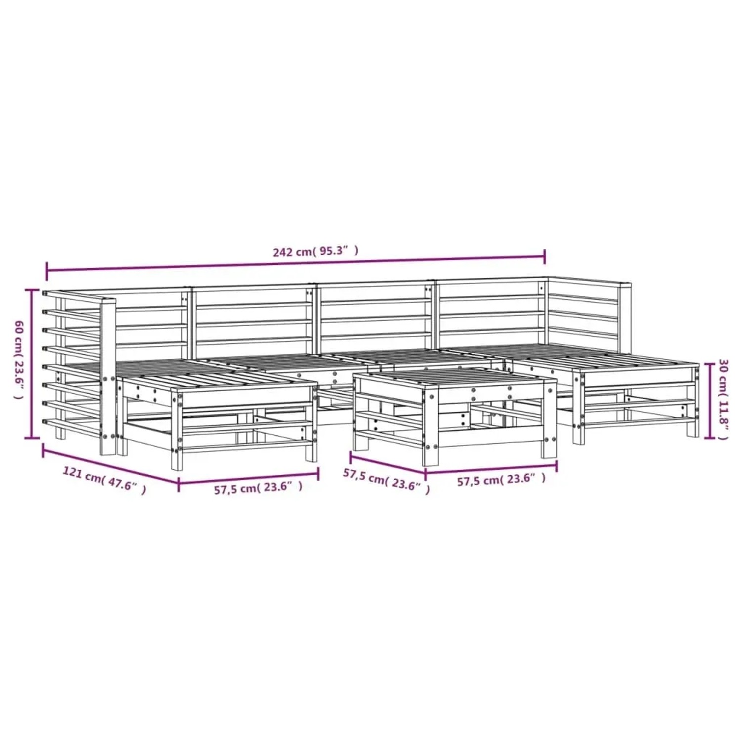 Weißes 7-tlg. Garten-Lounge-Set aus Kiefernholz mit Sofas und Hockern/Tischen.