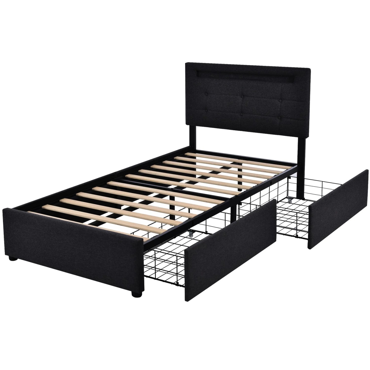 Merax Polsterbett 90x200 Schwarz LED 2 Schubladen Mit Matratze