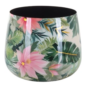 Metall-Pflanztopf mit tropischem Monstera-Blumenmuster in Pink und Grün, verziert mit Gold-Reflexen. Eleganter Übertopf.