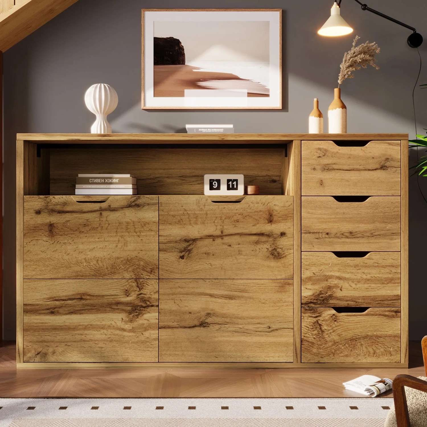 Modernes Sideboard Eiche mit 4 Schubladen, offenem Fach und Schranktüren. Wohnzimmerschrank.