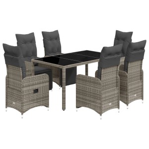 7-tlg. Garten-Bistro-Set aus grauem Polyrattan mit Tisch und verstellbaren Stühlen mit Kissen.