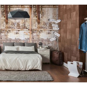 Schlafzimmer mit Bricoflor Industrial Tapete in Stein- und Rostoptik. 3D Vliestapete mit Mauer-Effekt.