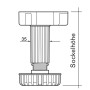 Technische Zeichnung: Verstellbarer Möbelfuß, 150 mm Sockelhöhe, mit Gewinde und breiter Basis. Möbelbeine.