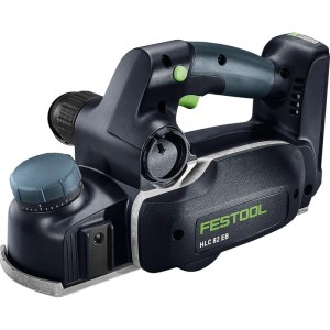 Schwarzer Festool Akku-Handhobel HLC 82 EB mit grünen Akzenten. Präzises Handwerkzeug für Holzbearbeitung.