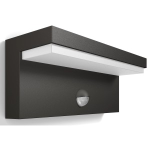 Moderne, graue Philips myGarden LED-Außenwandleuchte Bustan mit Bewegungsmelder.