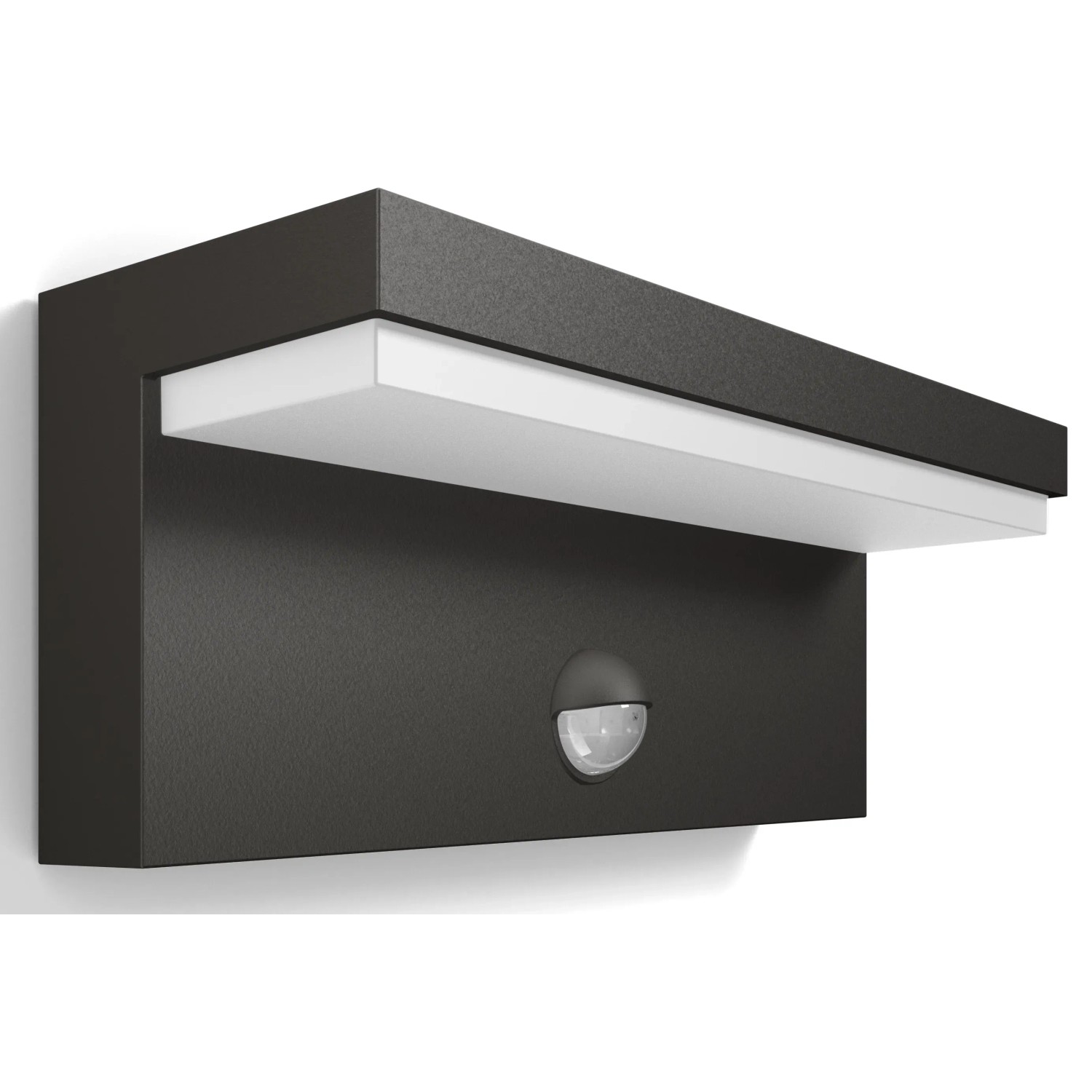 Moderne, graue Philips myGarden LED-Außenwandleuchte Bustan mit Bewegungsmelder.